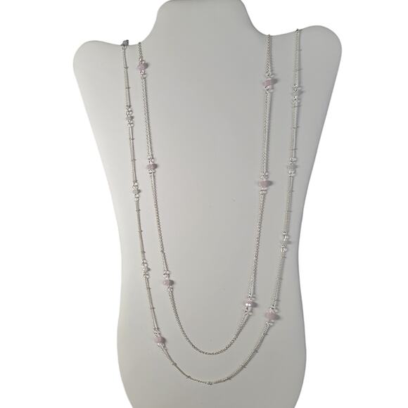 Lauren Conrad Silver Tone Pink & Cream Beaded Layered Necklace 32" +3" Extender - Picture 8 of 12